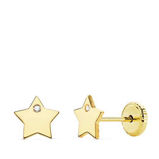 18K Pendientes Oro Amarillo Estrella Circonita 6X6 Mm Cierre Tuerca
