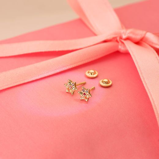 18K Pendientes Oro Amarillo Estrella Con Circonita Colores 6X6 Mm Cierre Tuerca
