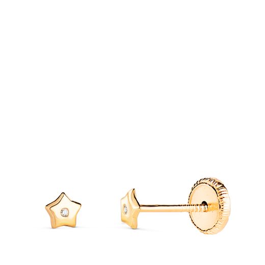 18K Pendientes Oro Amarillo Estrella Con Circonita. Medida: 3,5X3,5 Mm. Cierre Tuerca
