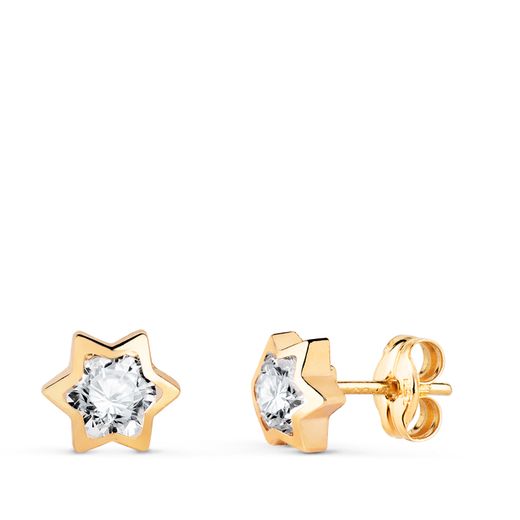 18K Pendientes Oro Amarillo Estrella Con Circonita. Medida: 6X5,5 Mm. Cierre Presion