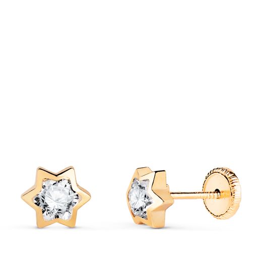18K Pendientes Oro Amarillo Estrella Con Circonita. Medida: 6X5,5 Mm. Cierre Tuerca