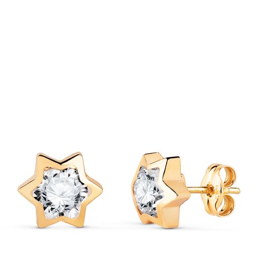 18K Pendientes Oro Amarillo Estrella Con Circonita. Medida: 8X7 Mm. Cierre Presion
