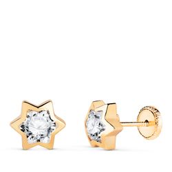 18K Pendientes Oro Amarillo Estrella Con Circonita. Medida: 8X7 Mm. Cierre Tuerca