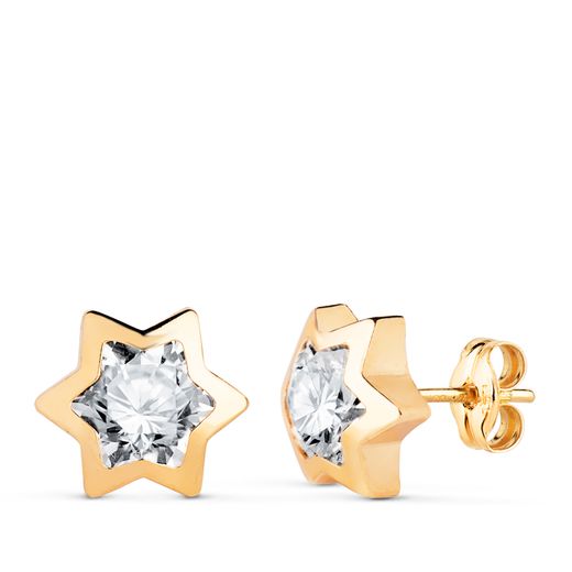 18K Pendientes Oro Amarillo Estrella Con Circonita. Medida: 9X8 Mm. Cierre Presion