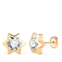 18K Pendientes Oro Amarillo Estrella Con Circonita. Medida: 9X8 Mm. Cierre Tuerca