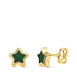 18K Pendientes Oro Amarillo Estrella Con Malaquita 7X7 Mm. Cierre Presion