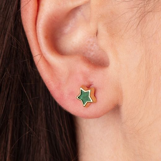 18K Pendientes Oro Amarillo Estrella Con Malaquita 7X7 Mm. Cierre Presion