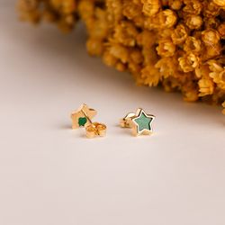 18K Pendientes Oro Amarillo Estrella Con Malaquita 7X7 Mm. Cierre Presion