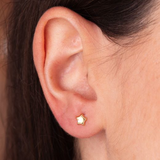 18K Pendientes Oro Amarillo Estrella Concavo En Brillo 5X5 Mm. Cierre Tuerca