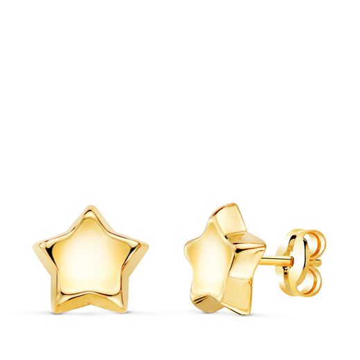 18K Pendientes Oro Amarillo Estrella Concavo En Brillo 8X8 Mm. Cierre Presion