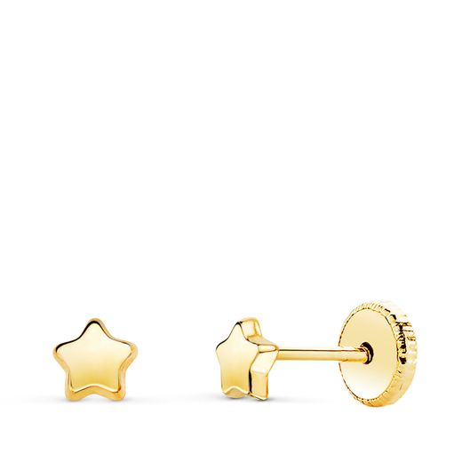 18K Pendientes Oro Amarillo Estrella Lisa 4,5 X 4,5 Mm. Cierre Tuerca