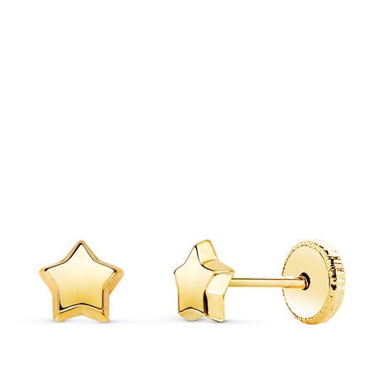 18K Pendientes Oro Amarillo Estrella Lisa 5,5 X 5,5 Mm. Cierre Tuerca