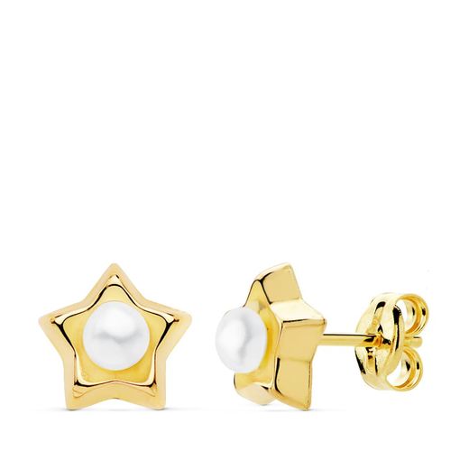 18K Pendientes Oro Amarillo Estrella Perla 8X8 Mm Cierre Presion