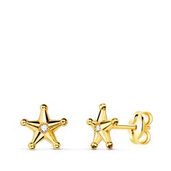 18K Pendientes Oro Amarillo Estrella Sheriff Con Bolitas Y Circonitas. 7X7 Mm Cierre Presion