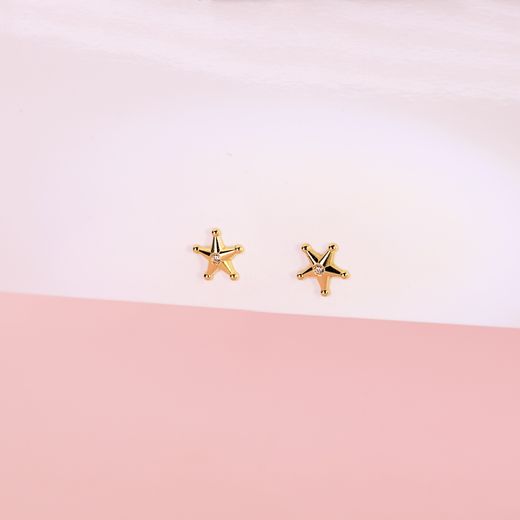 18K Pendientes Oro Amarillo Estrella Sheriff Con Bolitas Y Circonitas. 7X7 Mm Cierre Presion