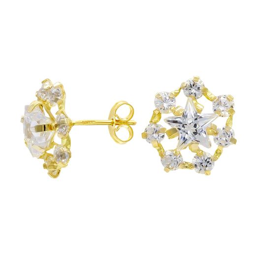 18K Pendientes Oro Amarillo Estrella Y Circonita Cierre Presion
