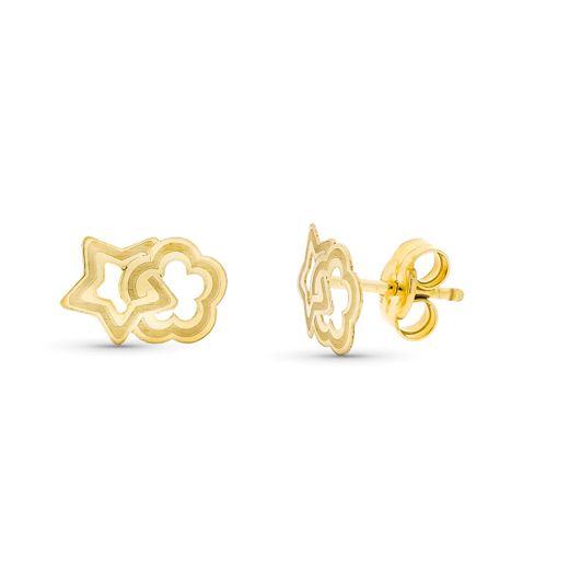 18K Pendientes Oro Amarillo Estrella Y Flor 9X6 Mm Cierre Presion