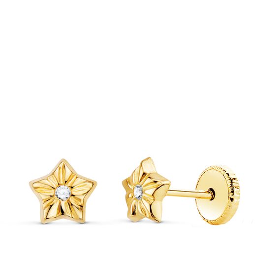 18K Pendientes Oro Amarillo Estrellas Con Circonita 5 X 5 Mm Cierre Tuerca