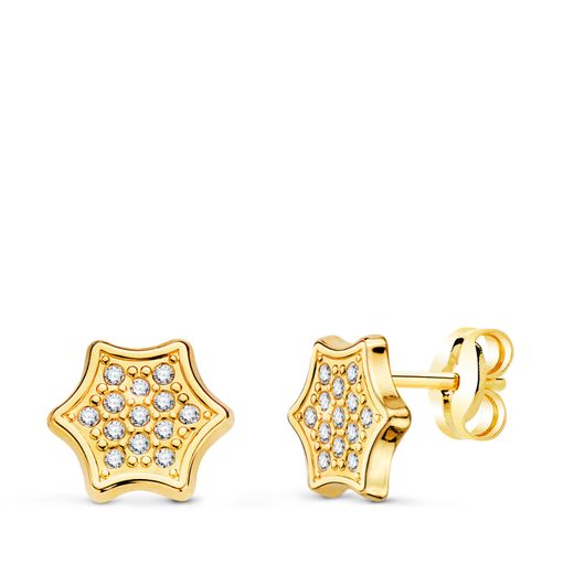 18K Pendientes Oro Amarillo Estrellas Con Circonitas 7 X 6,5 Mm. Cierre Presion