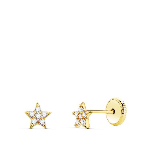 18K Pendientes Oro Amarillo Estrellas Con Diamantes 0.06 Qts Si-H. 4Mm Cierre Tuerca