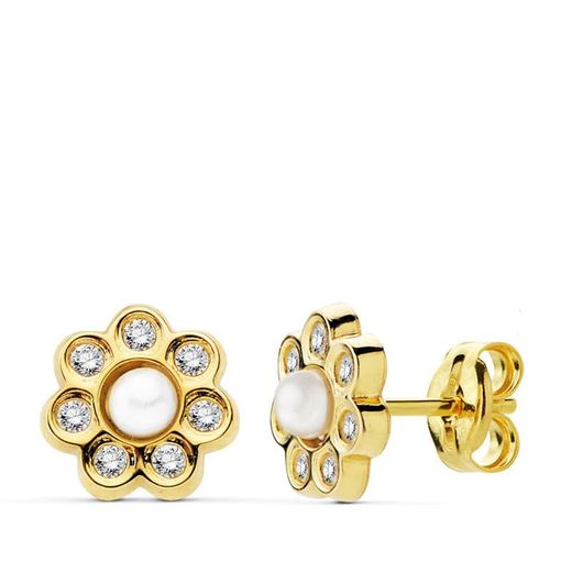 18K Pendientes Oro Amarillo Flor 7 Mm Perlita Y Circonita Cierre Presion