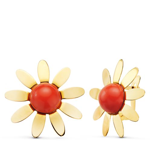 18K Pendientes Oro Amarillo Flor 9 Petalos Con Coral 8Mm. Ancho: 20X20 Mm.Cierre Catalan