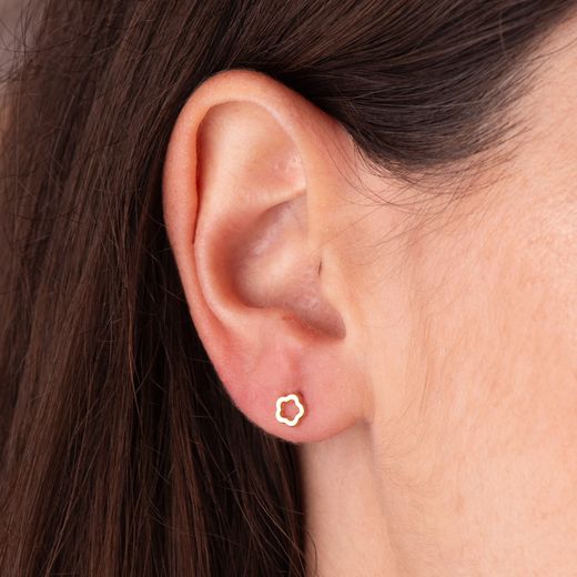 18K Pendientes Oro Amarillo Flor Brillo Calada 5 X 5 Mm. Cierre Tuerca