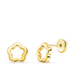 18K Pendientes Oro Amarillo Flor Brillo Calada 7 X 7 Mm. Cierre Tuerca