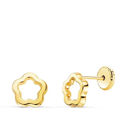 18K Pendientes Oro Amarillo Flor Brillo Calada 7 X 7 Mm. Cierre Tuerca