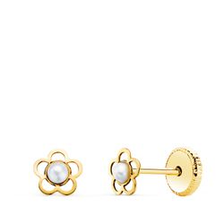 18K Pendientes Oro Amarillo Flor Calada Con Perla De 2 Mm. Ancho: 5X5 Mm. Cierre Tuerca
