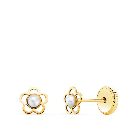 18K Pendientes Oro Amarillo Flor Calada Con Perla De 2 Mm. Ancho: 5X5 Mm. Cierre Tuerca