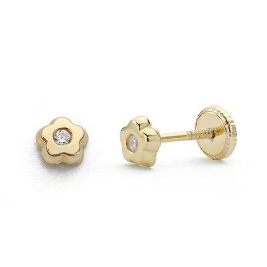 18K Pendientes Oro Amarillo Flor Circonita 4 Mm Tuerca