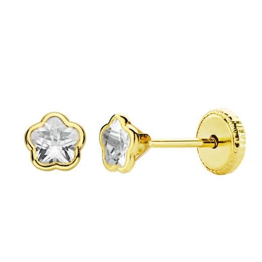 18K Pendientes Oro Amarillo Flor Circonita 4X4 Mm. Cierre Tuerca