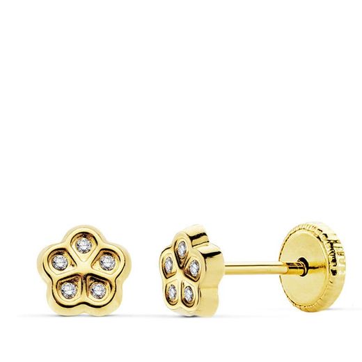 18K Pendientes Oro Amarillo Flor Circonita 5.5 Mm Cierre Tuerca