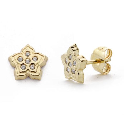 18K Pendientes Oro Amarillo Flor Circonita 7X7 Mm Cierre Presion
