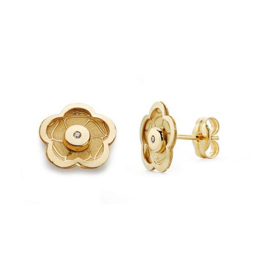 18K Pendientes Oro Amarillo Flor Circonita 8X8 Mm Cierre Presion