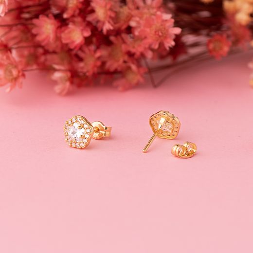 18K Pendientes Oro Amarillo Flor Circonita Blancas 7 X 6,5 Mm. Cierre Presion