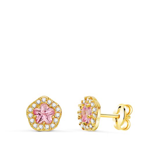 18K Pendientes Oro Amarillo Flor Circonita Y Piedra Rosa 7 X 6,5 Mm. Cierre Presion