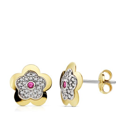 18K Pendientes Oro Amarillo Flor Color Rubi Circonita Cierre Presion