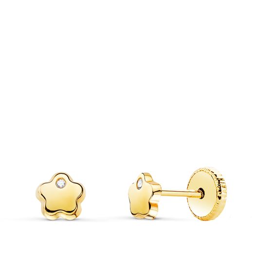 18K Pendientes Oro Amarillo Flor Con Circonita Brillo 5X5 Mm. Cierre Tuerca