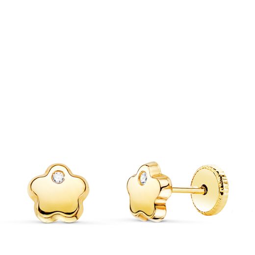 18K Pendientes Oro Amarillo Flor Con Circonita Brillo 6X6 Mm. Cierre Tuerca