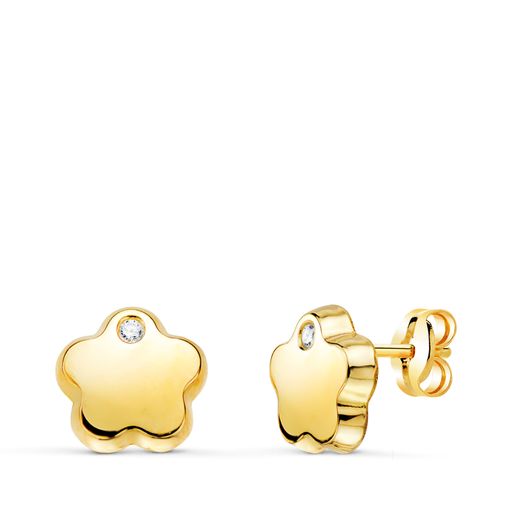 18K Pendientes Oro Amarillo Flor Con Circonita Brillo 7X7 Mm. Cierre Presion