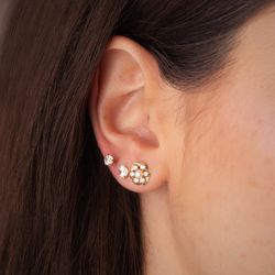 18K Pendientes Oro Amarillo Flor Con Perlas 3Mm Y Circonitas 8,5 Mm. Cierre Presion