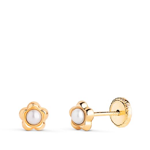 18K Pendientes Oro Amarillo Flor Con Perlas De 2,4Mm. Medida: 5,3 X 5Mm. Cierre Tuerca