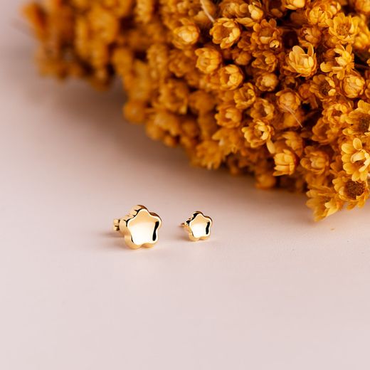 18K Pendientes Oro Amarillo Flor Concavo En Brillo 5X5 Mm. Cierre Tuerca