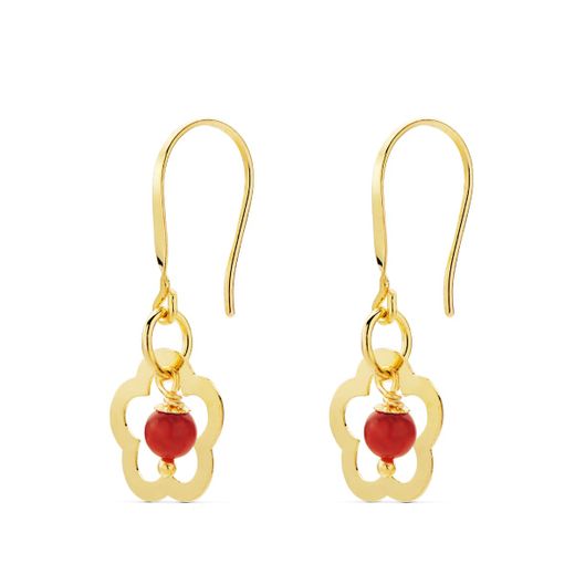 18K Pendientes Oro Amarillo Flor Coral O Turquesa 28X12 Mm Cierre Gancho