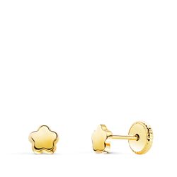 18K Pendientes Oro Amarillo Flor Lisa Brillo. 4,5 X 4,5 Mm. Cierre Tuerca
