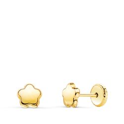 18K Pendientes Oro Amarillo Flor Lisa Brillo. 5,5 X 5,5 Mm. Cierre Tuerca