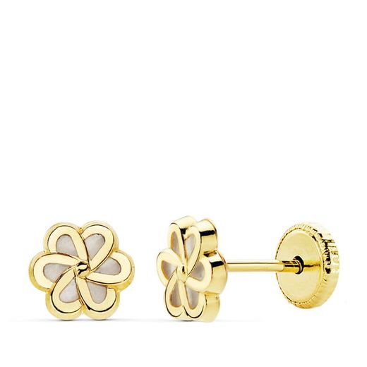 18K Pendientes Oro Amarillo Flor Nacar 6X6 Mm Cierre Tuerca