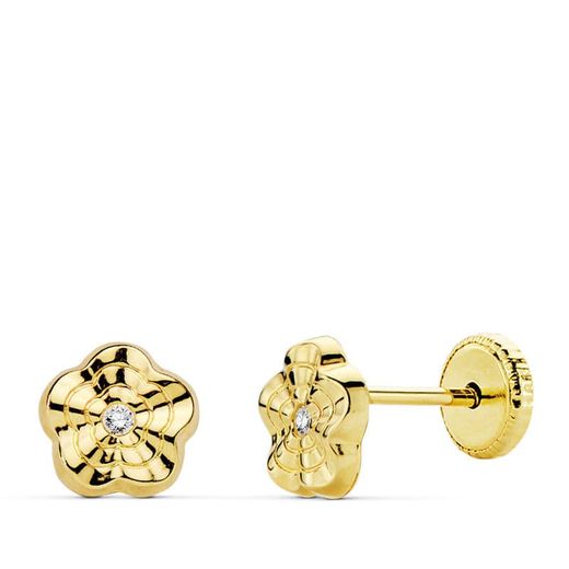 18K Pendientes Oro Amarillo Flor Ondas 6X6 Mm Cierre Tuerca